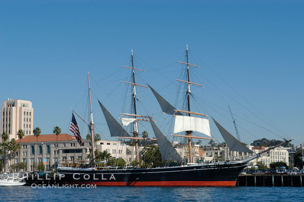 The Star of India is the worlds oldest seafaring ship.  Built in 1863, she is an experimental design of iron rather than wood.  She is now a maritime museum docked in San Diego Harbor, and occasionally puts to sea for special sailing events. California, USA, natural history stock photograph, photo id 07615