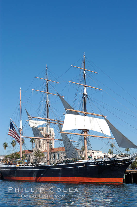 The Star of India is the worlds oldest seafaring ship.  Built in 1863, she is an experimental design of iron rather than wood.  She is now a maritime museum docked in San Diego Harbor, and occasionally puts to sea for special sailing events. California, USA, natural history stock photograph, photo id 07617