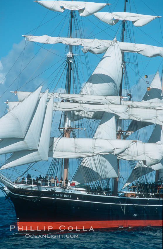 The Star of India under full sail offshore of San Diego. The Star of India is the worlds oldest seafaring ship.  Built in 1863, she is an experimental design of iron rather than wood.  She is now a maritime museum docked in San Diego Harbor, and occasionally puts to sea for special sailing events. California, USA, natural history stock photograph, photo id 07788