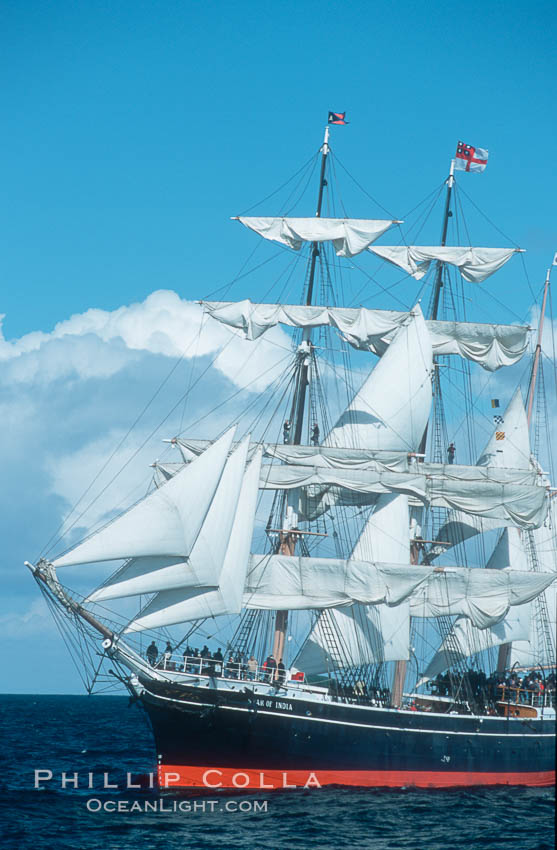 The Star of India under full sail offshore of San Diego. The Star of India is the worlds oldest seafaring ship.  Built in 1863, she is an experimental design of iron rather than wood.  She is now a maritime museum docked in San Diego Harbor, and occasionally puts to sea for special sailing events. California, USA, natural history stock photograph, photo id 07787