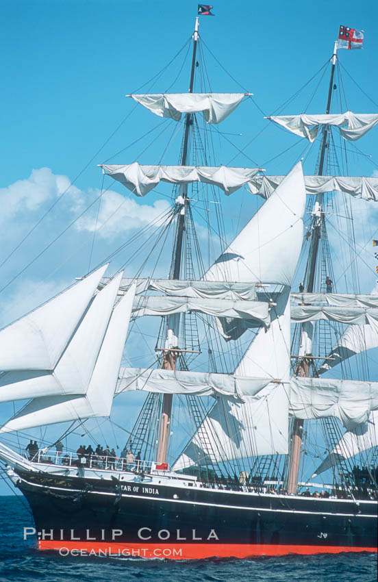 The Star of India under full sail offshore of San Diego. The Star of India is the worlds oldest seafaring ship.  Built in 1863, she is an experimental design of iron rather than wood.  She is now a maritime museum docked in San Diego Harbor, and occasionally puts to sea for special sailing events. California, USA, natural history stock photograph, photo id 07789