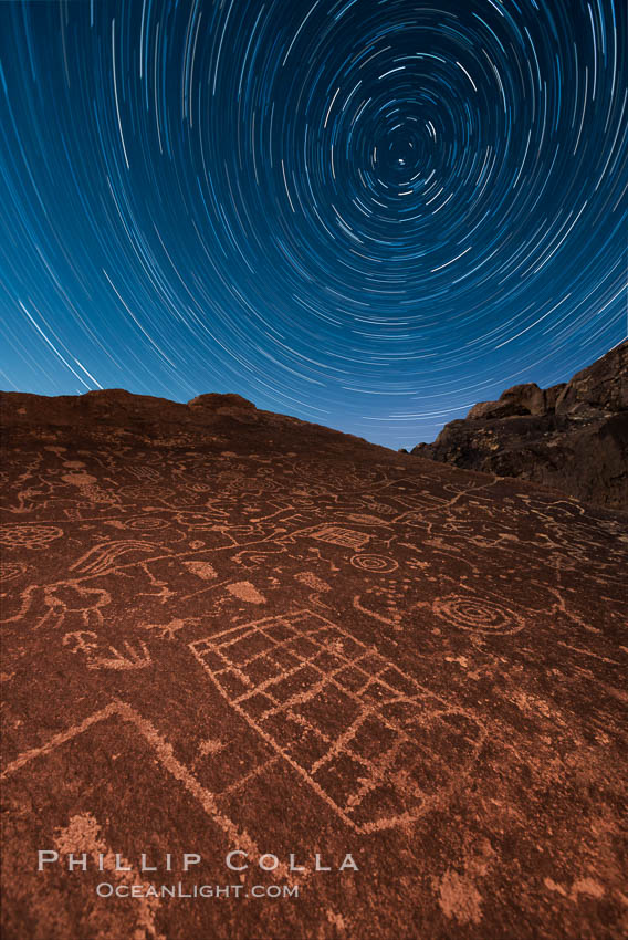 Star Trails over Sky Rock. Sky Rock petroglyphs near Bishop, California. Hidden atop an enormous boulder in the Volcanic Tablelands lies Sky Rock, a set of petroglyphs that face the sky. These superb examples of native American petroglyph artwork are thought to be Paiute in origin, but little is known about them., natural history stock photograph, photo id 28498