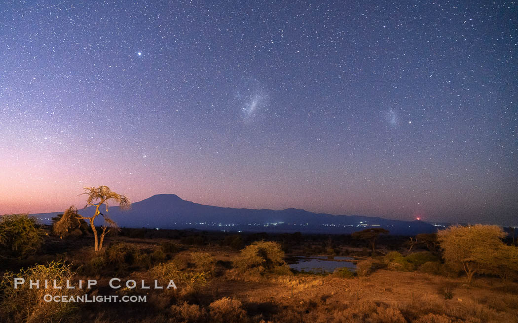 Stars and Magellanic Clouds over Mount Kilimanjaro before Sunrise, from Tortilis Camp., natural history stock photograph, photo id 39599