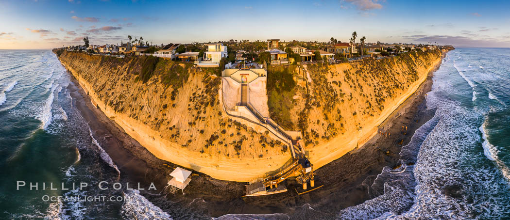 Stone Steps Beach at Sunset, Aerial Panorama, Encinitas, California. USA, natural history stock photograph, photo id 38093