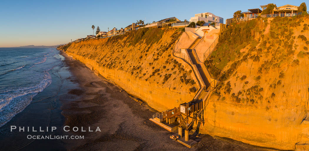 Stone Steps Beach at Sunset, Encinitas, Aerial Panorama, California