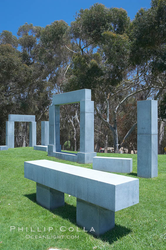 Stonehenge, or what is officially known as the La Jolla Project, was the third piece in the Stuart Collection at University of California San Diego (UCSD).  Commissioned in 1984 and produced by Richard Fleishner, the granite blocks are spread on the lawn south of Galbraith Hall on Revelle College at UCSD. University of California, San Diego, USA, natural history stock photograph, photo id 12846