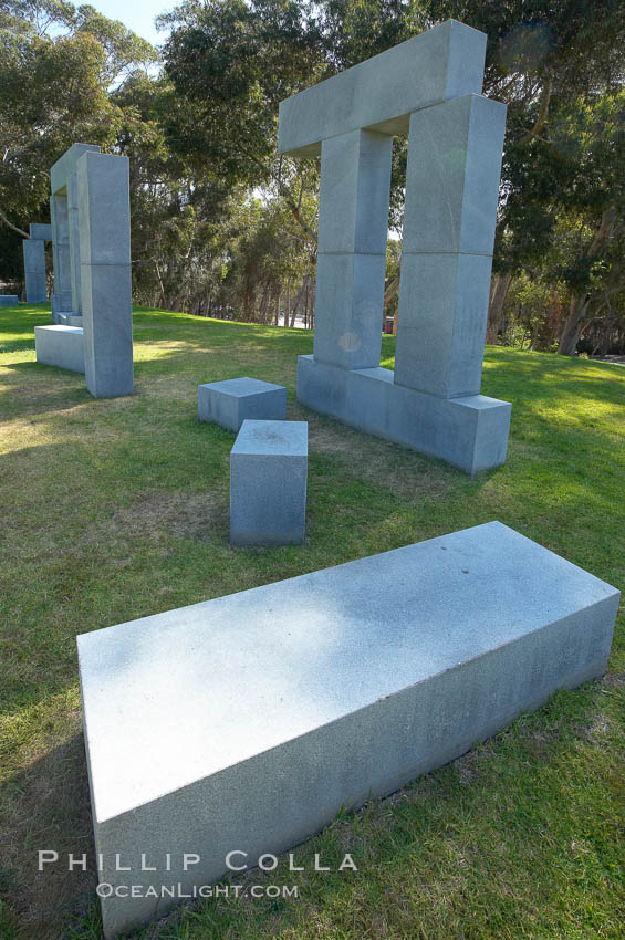Stonehenge, or what is officially known as the La Jolla Project, was the third piece in the Stuart Collection at University of California San Diego (UCSD).  Commissioned in 1984 and produced by Richard Fleishner, the granite blocks are spread on the lawn south of Galbraith Hall on Revelle College at UCSD. University of California, San Diego, USA, natural history stock photograph, photo id 21223
