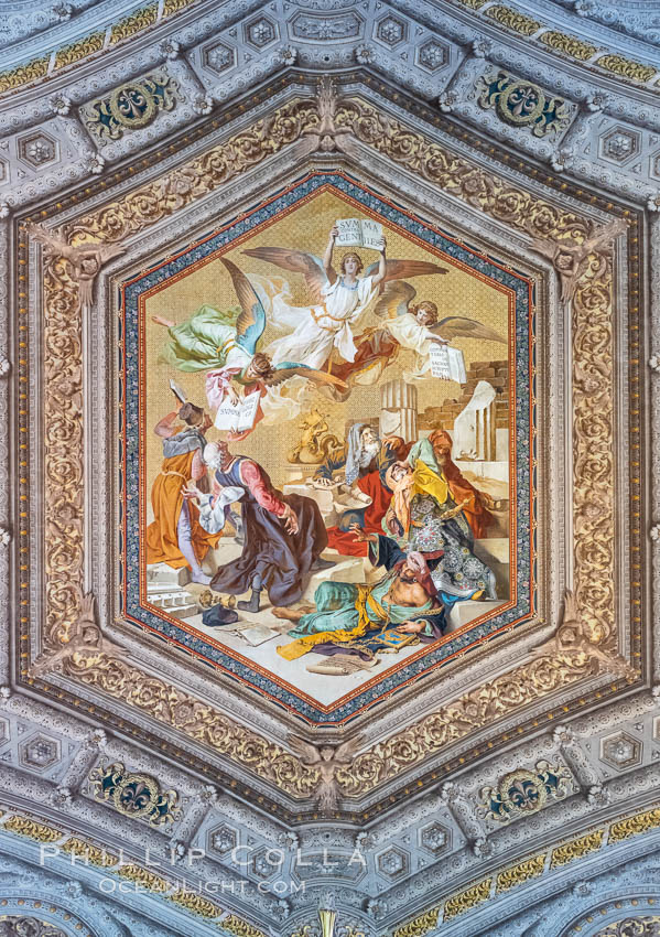 Ceiling painting of angels holding up the Summa contra Gentiles by St Thomas Aquinas, at The Gallery of Maps in the Vatican Museums. Vatican City, Rome, Italy, natural history stock photograph, photo id 35591