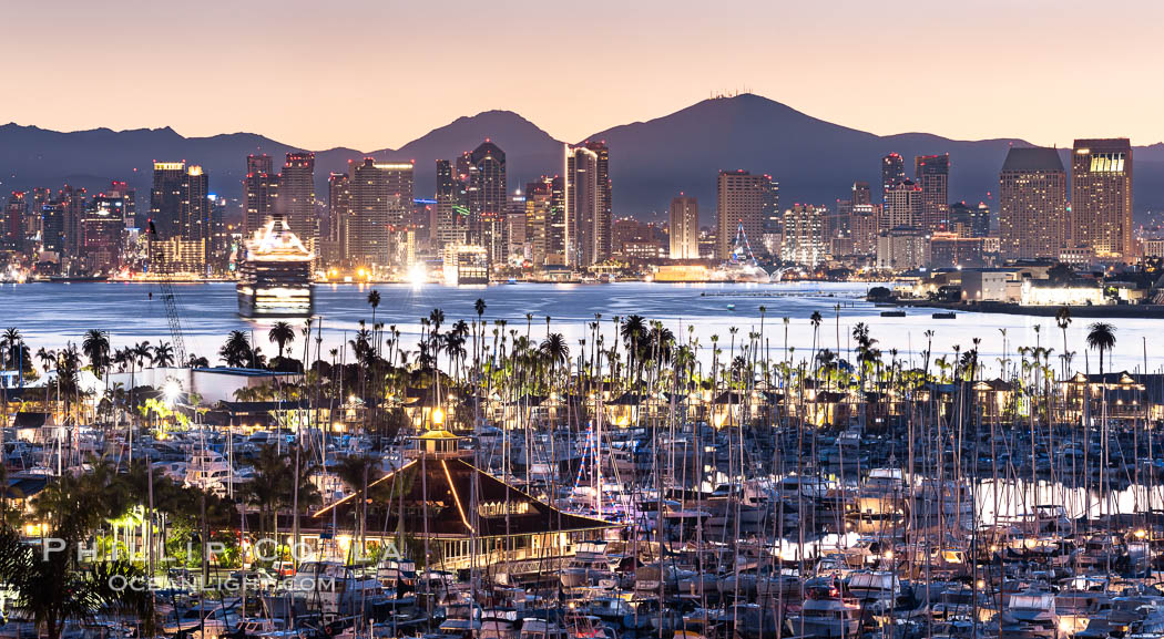 Sunrise City Lights on San Diego Bay, with San Diego Yacht Club marina.  Mount San Miguel and Lyons Peak are the distance. California, USA, natural history stock photograph, photo id 37586