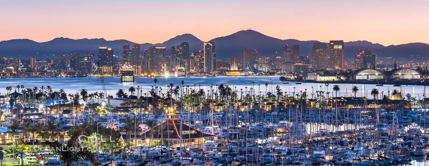 Sunrise City Lights on San Diego Bay, with San Diego Yacht Club marina.  Mount San Miguel and Lyons Peak are in the distance. California, USA, natural history stock photograph, photo id 37587