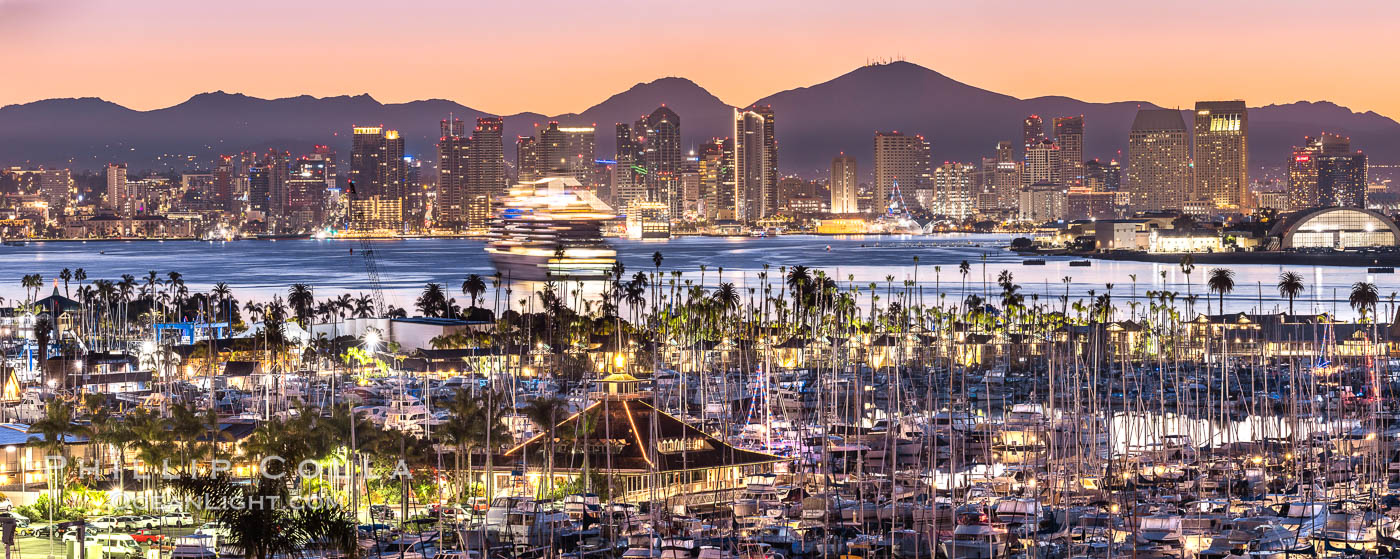 Sunrise City Lights on San Diego Bay, with San Diego Yacht Club marina.  Mount San Miguel and Lyons Peak are in the distance. California, USA, natural history stock photograph, photo id 37585