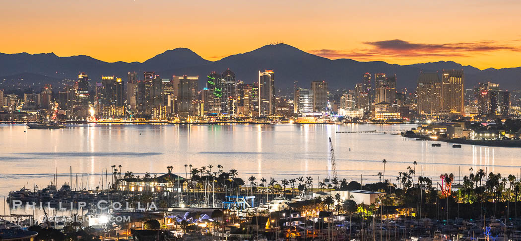 Sunrise Dawns over San Diego Harbor, Mount San Miguel in center, Mount Lyons to the left, and Harbor Island in the foreground. Viewed from Point Loma