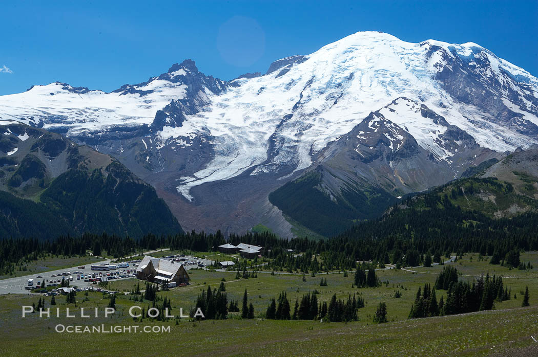 Mount Rainier rises above the Sunrise Visitor Center, eastern exposure of Mount Rainier. Mount Rainier National Park, Washington, USA, natural history stock photograph, photo id 13871