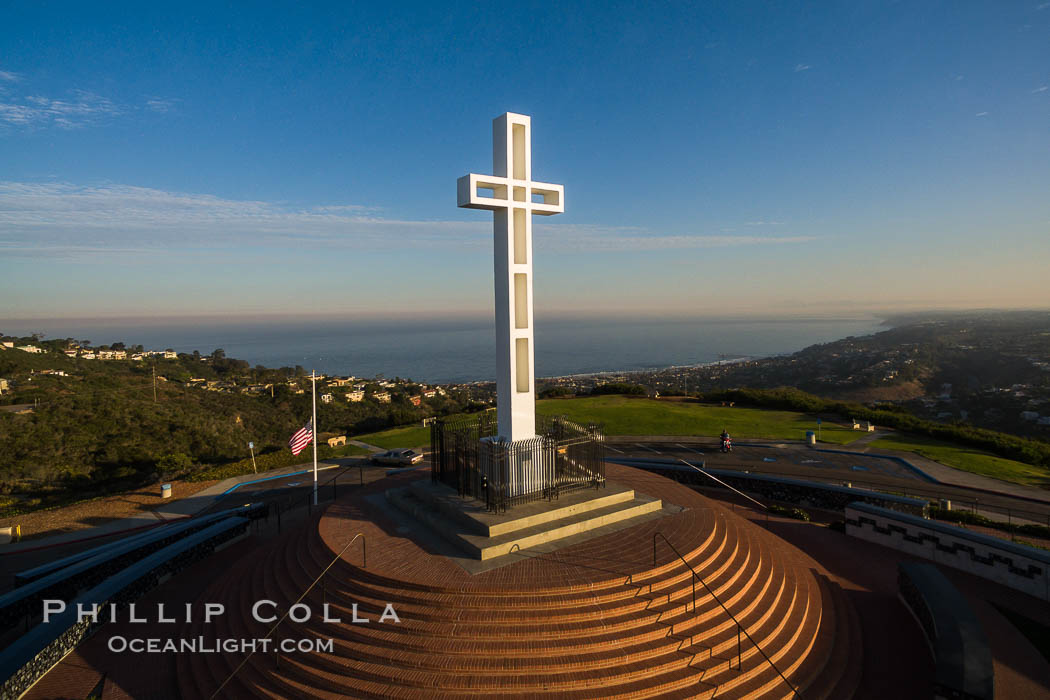 Sunrise over The Mount Soledad Cross, a landmark in La Jolla, California. The Mount Soledad Cross is a 29-foot-tall cross erected in 1954. Aerial photo. USA, natural history stock photograph, photo id 38096