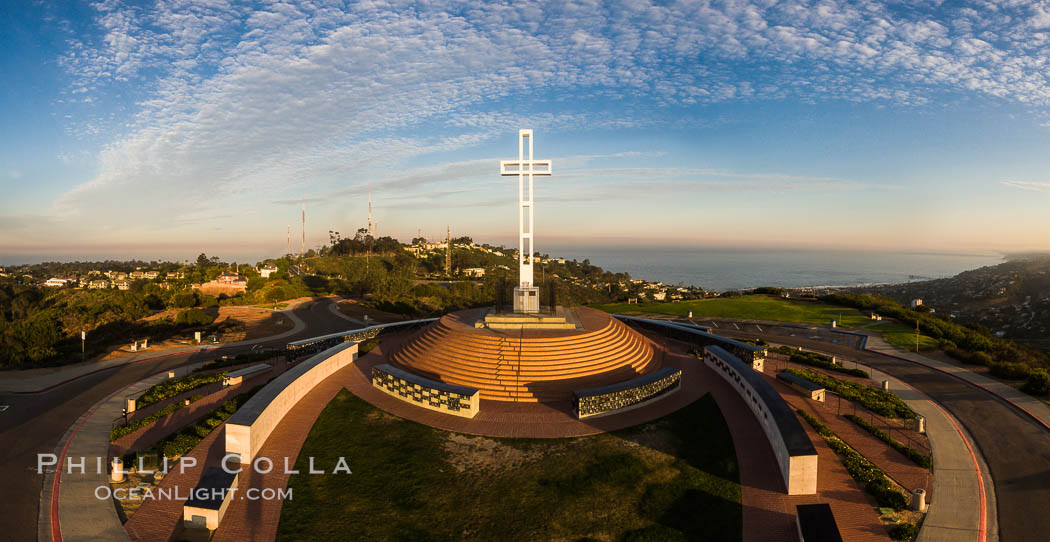 Sunrise over The Mount Soledad Cross, a landmark in La Jolla, California. The Mount Soledad Cross is a 29-foot-tall cross erected in 1954. Aerial photo. USA, natural history stock photograph, photo id 38125