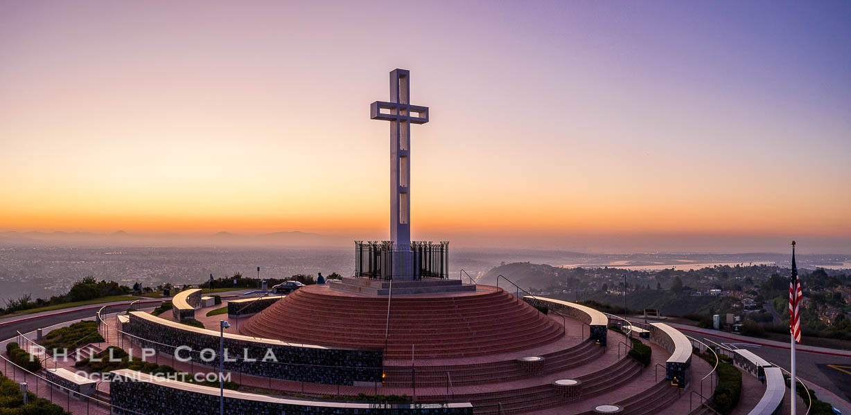 Sunrise over The Mount Soledad Cross, a landmark in La Jolla, California. The Mount Soledad Cross is a 29-foot-tall cross erected in 1954. Aerial photo. USA, natural history stock photograph, photo id 36689