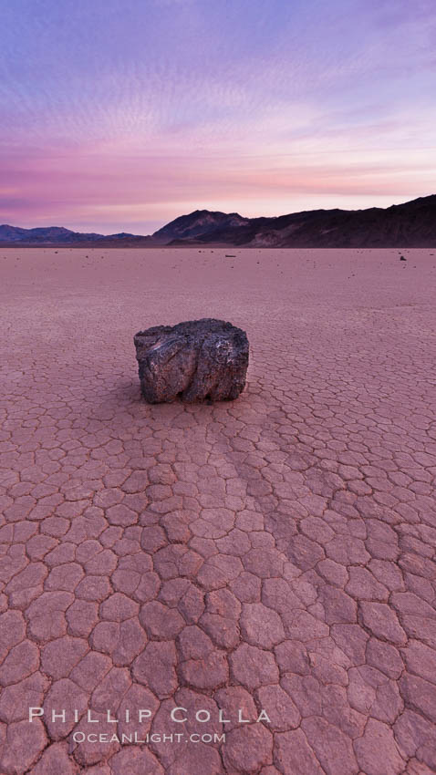 Sunrise on the Racetrack Playa. The sliding rocks, or sailing stones, move across the mud flats of the Racetrack Playa, leaving trails behind in the mud. The explanation for their movement is not known with certainty, but many believe wind pushes the rocks over wet and perhaps icy mud in winter. Death Valley National Park, California, USA, natural history stock photograph, photo id 27700