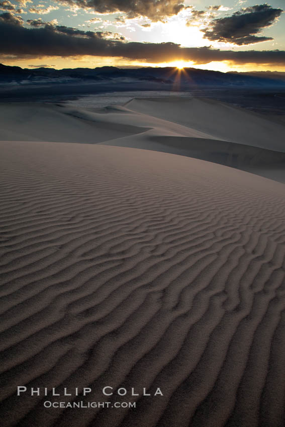 Sunset on the Eureka Dunes.  The Eureka Valley Sand Dunes are California's tallest sand dunes, and one of the tallest in the United States.  Rising 680' above the floor of the Eureka Valley, the Eureka sand dunes are home to several endangered species, as well as "singing sand" that makes strange sounds when it shifts.  Located in the remote northern portion of Death Valley National Park, the Eureka Dunes see very few visitors. USA, natural history stock photograph, photo id 25354