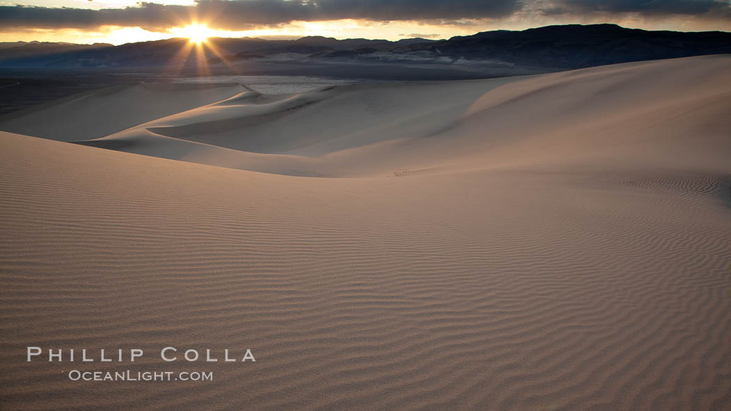 Sunset on the Eureka Dunes.  The Eureka Valley Sand Dunes are California's tallest sand dunes, and one of the tallest in the United States.  Rising 680' above the floor of the Eureka Valley, the Eureka sand dunes are home to several endangered species, as well as "singing sand" that makes strange sounds when it shifts.  Located in the remote northern portion of Death Valley National Park, the Eureka Dunes see very few visitors. USA, natural history stock photograph, photo id 25355