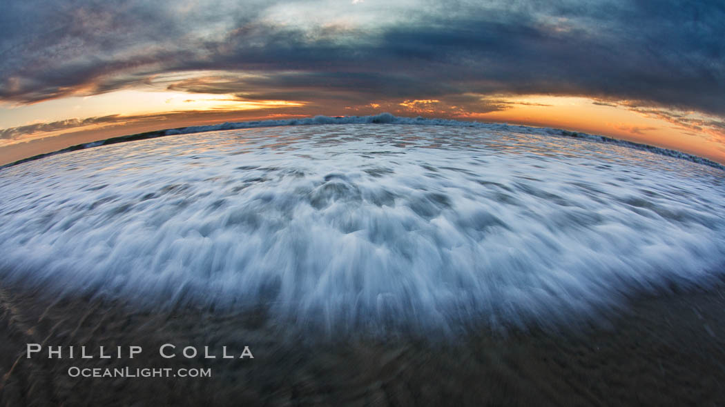 Sunset and incoming surf, gorgeous colors in the sky and on the ocean at dusk, the incoming waves are blurred in this long exposure. Carlsbad, California, USA, natural history stock photograph, photo id 27153