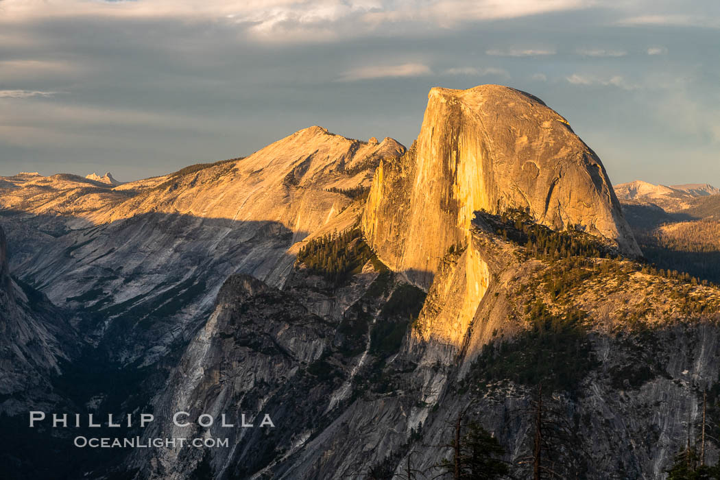 Sunset light on Half Dome and Clouds Rest, Tenaya Canyon at lower left, Yosemite National Park