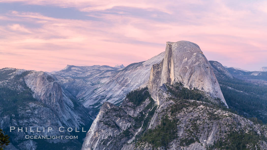 Sunset light on Half Dome, Tenaya Canyon at lower left, Yosemite National Park. California, USA, natural history stock photograph, photo id 36383