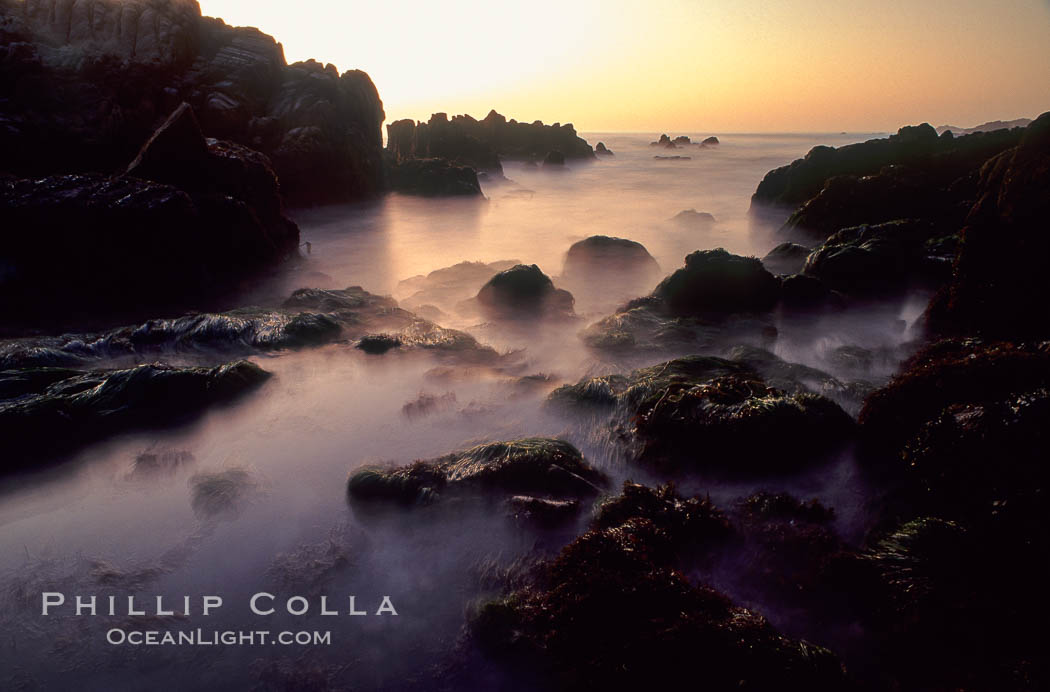 Sunset, tidepools and blurry water and mist. Pacific Grove, California, USA, natural history stock photograph, photo id 02056