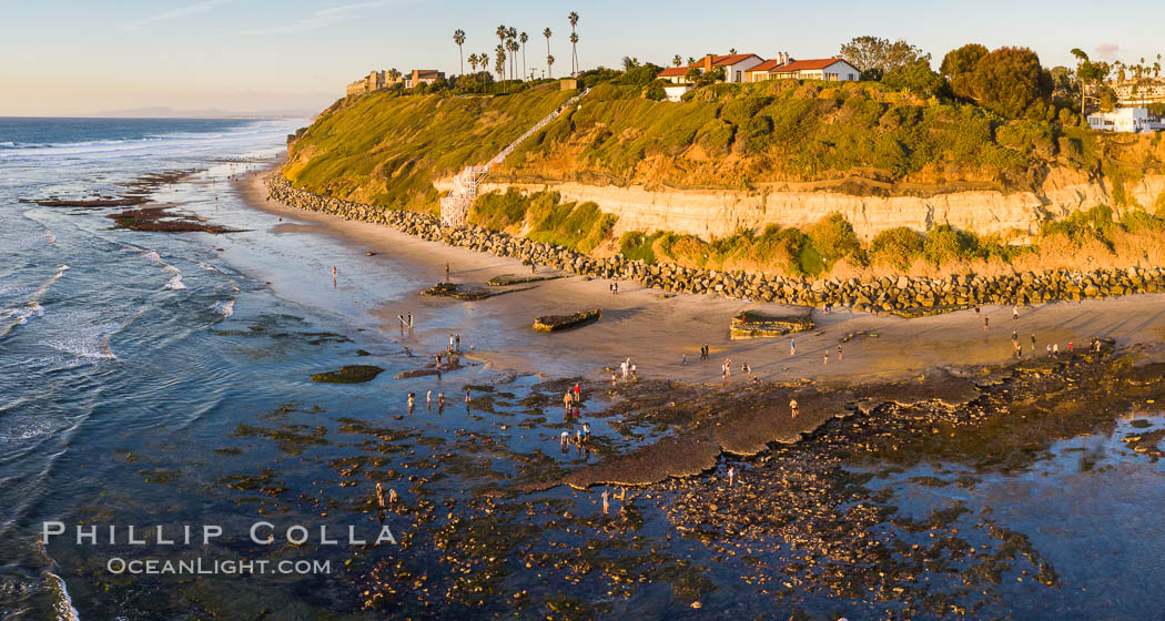 Swamis Beach Reefs Exposed by King Tides, people explore ocean reefs normally underwater but exposed on the extreme low tides known as King Tides. Aerial photo. Encinitas, California, USA, natural history stock photograph, photo id 37991