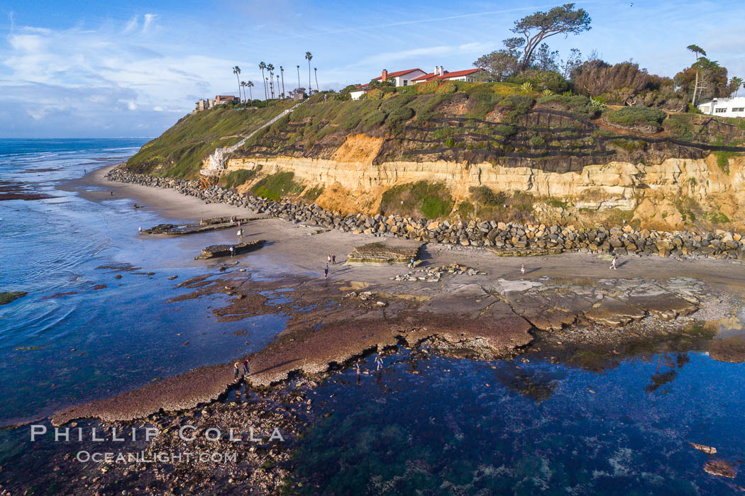 Swamis Reef exposed at extreme low King Tide, Encinitas, aerial panoramic photo. California, USA, natural history stock photograph, photo id 38002