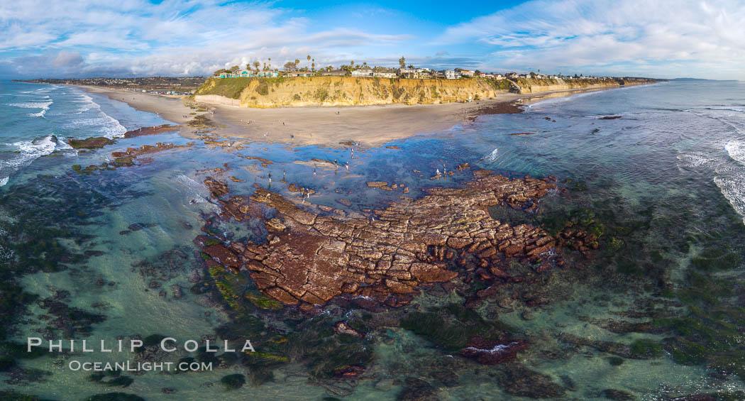 Tabletop Reef at extreme low tide, King Tide, Solana Beach, aerial panoramic photo