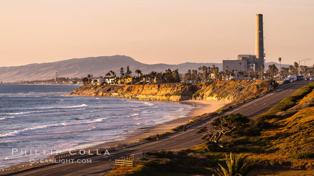 Sunset on Terra Mar and the Carlsbad coastline, looking north to Oceanside, Camp Pendleton and San Onofre. Rising in the distance is San Onofre Mountain (1722') topped by a tall signal tower, one of the southern peaks in the Santa Ana Mountains., natural history stock photograph, photo id 36116