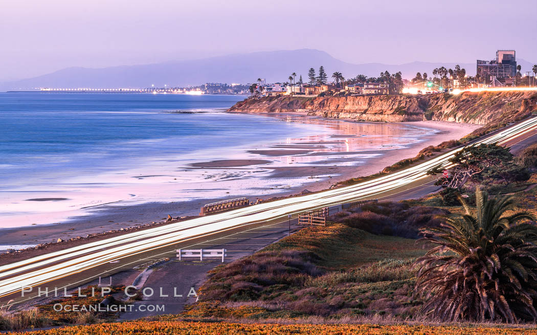 Carlsbad Coast Highway Sunset, from Terramar and North Ponto to Oceanside and Camp Pendleton. The smoke stack that marked the old Encina Power Plant was removed in 2021. Oceanside Pier is seen beautifully lit in the distance