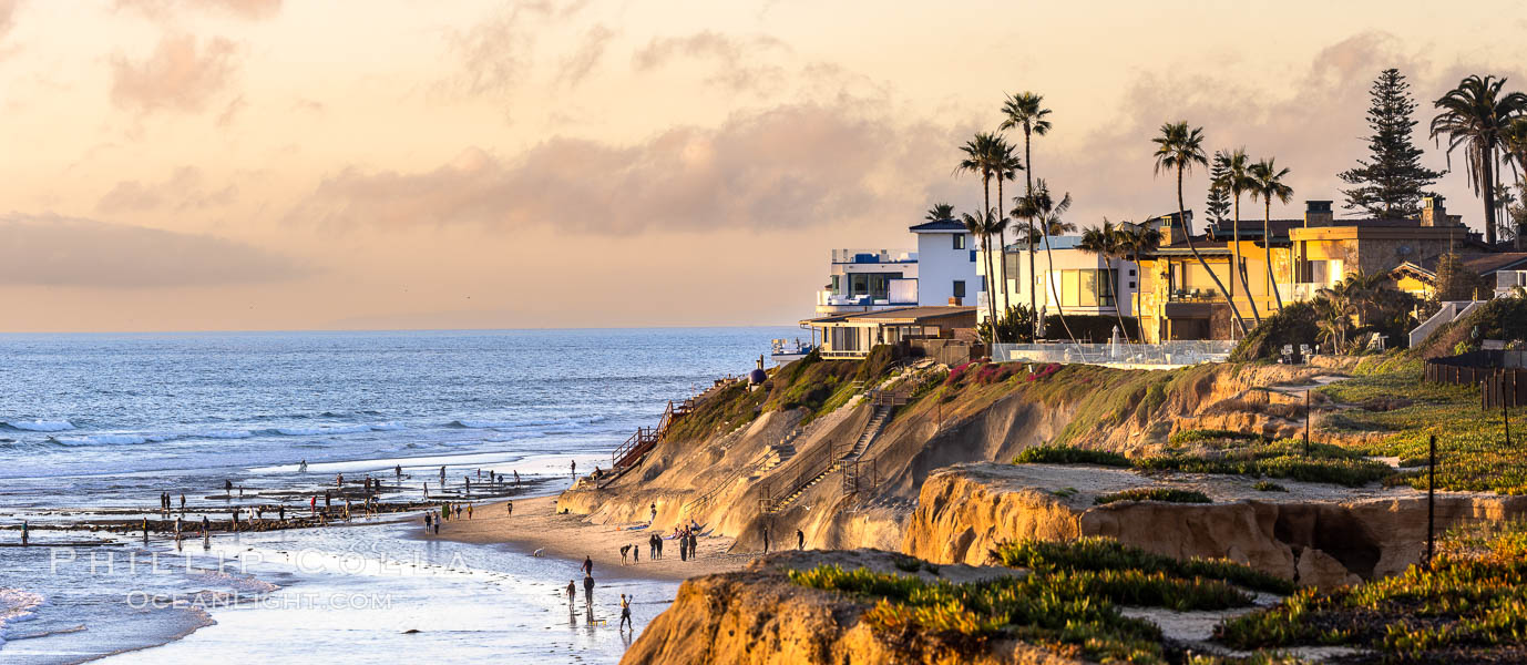 Terramar Point at Sunset, in South Carlsbad. Seacliffs, bluffs, beach and reef exposed at low tide. California, USA, natural history stock photograph, photo id 37709