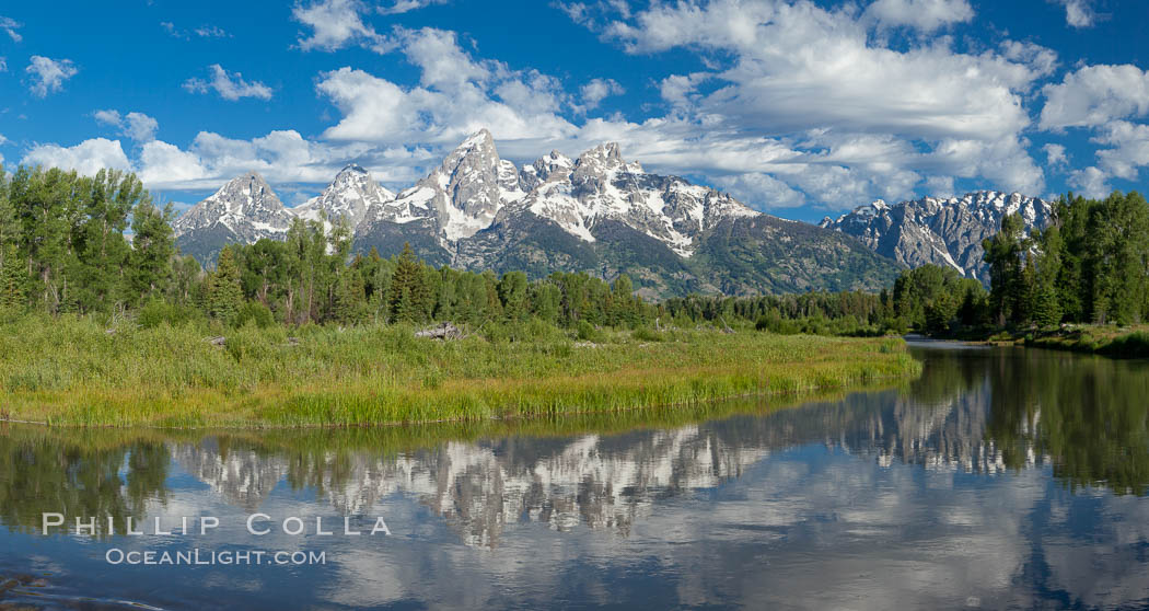 Panorama of the Teton Range, reflected in the still waters of Schwabacher Landing, a sidewater of the Snake River. Grand Teton National Park, Wyoming, USA, natural history stock photograph, photo id 26922