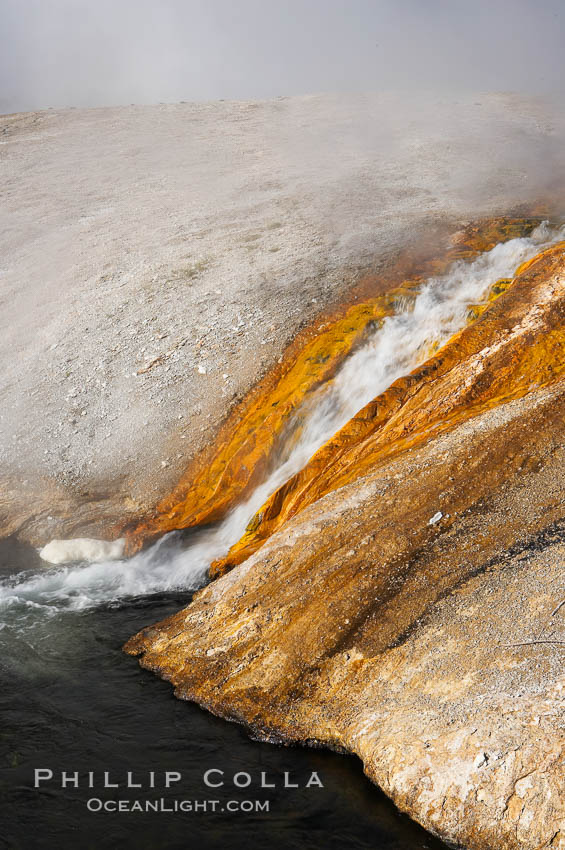 Thermophilac heat-loving bacteria color the runoff canals from Excelsior Geyser as it empties into the Firehole River. Midway Geyser Basin, Yellowstone National Park, Wyoming, USA, natural history stock photograph, photo id 13598