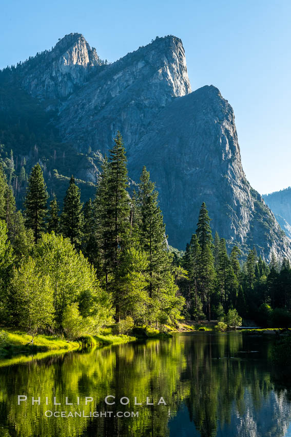 Three Brothers and Merced River in spring, Yosemite National Park Three Brothers and Merced River in spring, Yosemite National Park