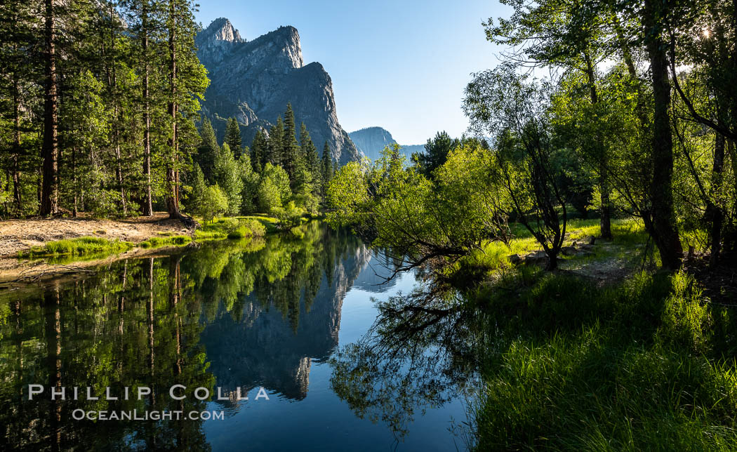 Three Brothers and Merced River in spring, Yosemite National Park. California, USA, natural history stock photograph, photo id 36353