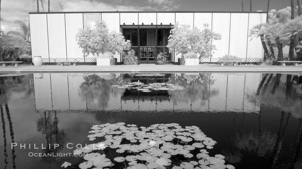 Tinken Museum of Art, reflected in lily pond, infrared. Balboa Park, San Diego, California, USA, natural history stock photograph, photo id 23100