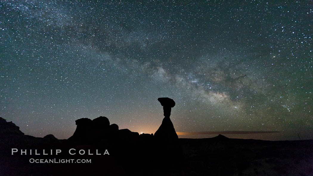 The Milky Way rises in the sky above the Toadstool Hoodoos near the Paria Rimrocks.  Rimrock Hoodoos. Grand Staircase - Escalante National Monument, Utah, USA, natural history stock photograph, photo id 26688