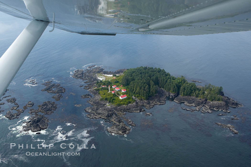 Lennard Island Lighthouse, aerial photo, surrounded by the waters of Clayoquot Sound near Tofino on the west coast of Vancouver Island, British Columbia, Canada., natural history stock photograph, photo id 21077