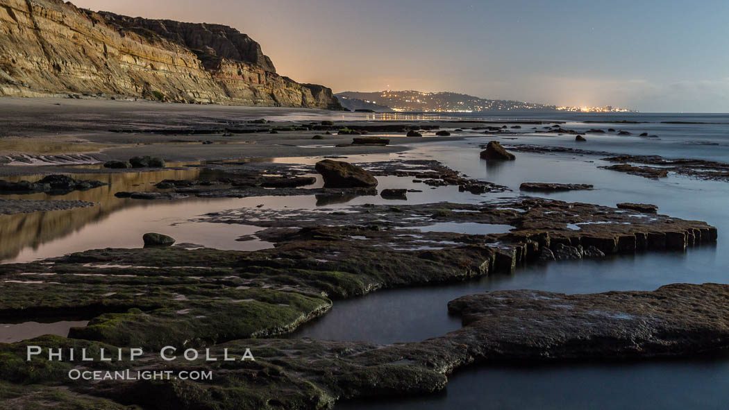 Torrey Pines Cliffs lit at night by a full moon, low tide reflections. Torrey Pines State Reserve, San Diego, California, USA, natural history stock photograph, photo id 28458