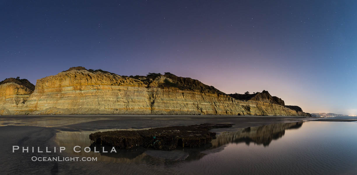 Torrey Pines Cliffs lit at night by a full moon, low tide reflections. Torrey Pines State Reserve, San Diego, California, USA, natural history stock photograph, photo id 28456
