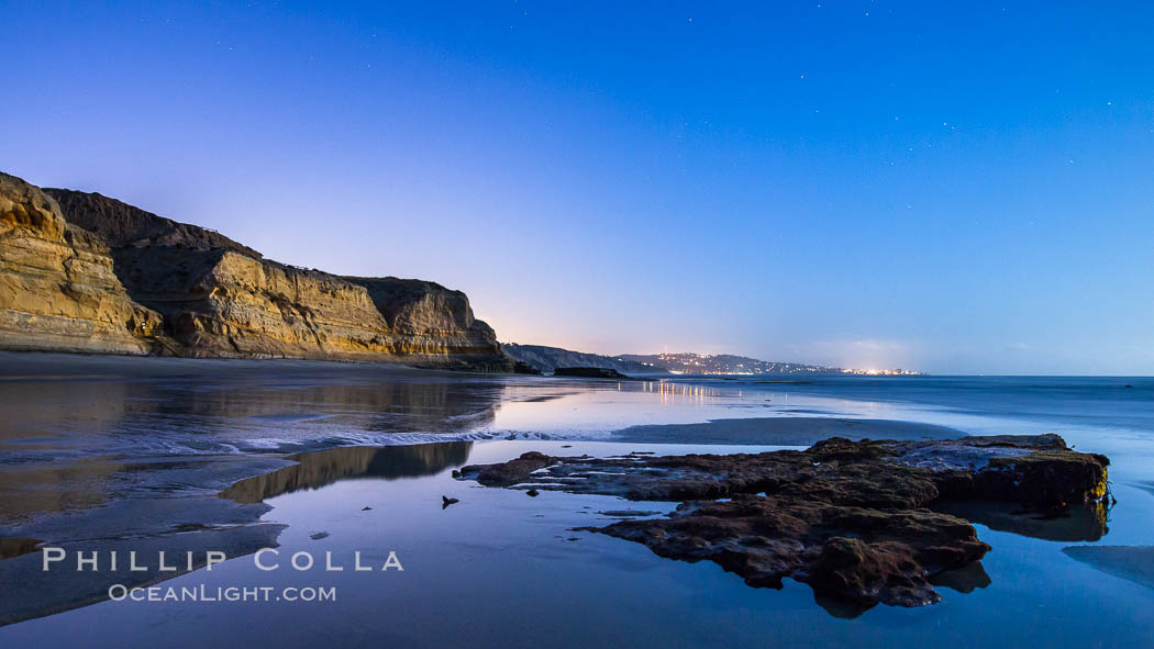 Torrey Pines Cliffs lit at night by a full moon, low tide reflections. Torrey Pines State Reserve, San Diego, California, USA, natural history stock photograph, photo id 28460