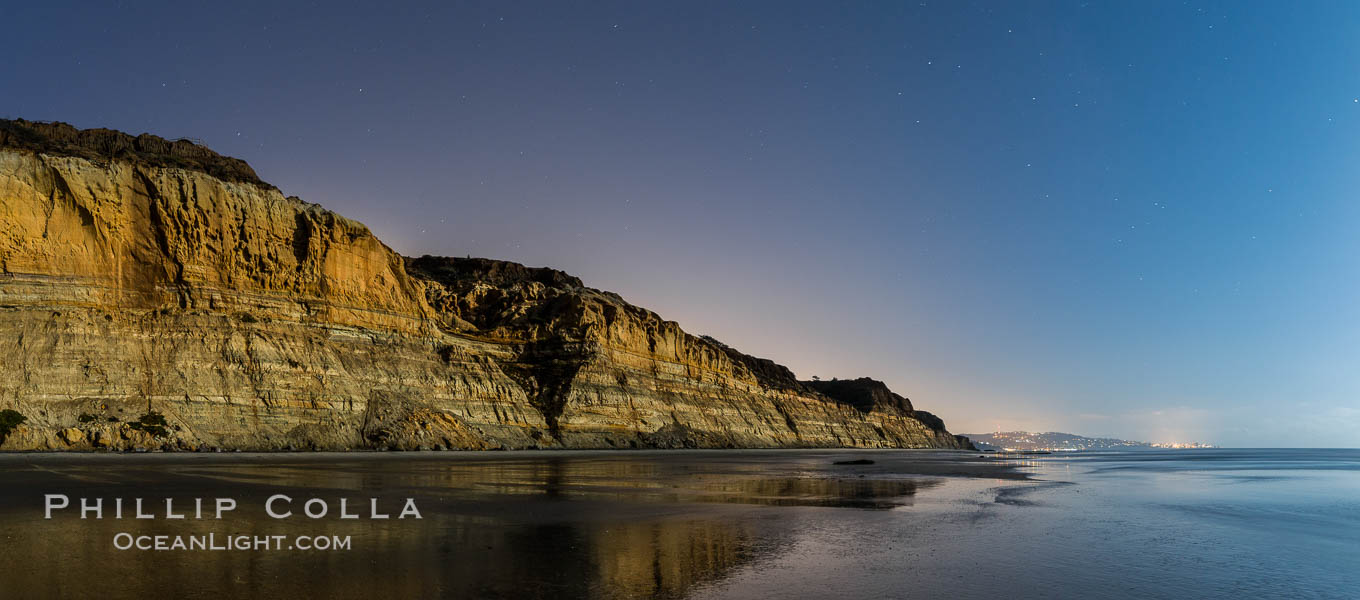 Torrey Pines Cliffs lit at night by a full moon, low tide reflections. Torrey Pines State Reserve, San Diego, California, USA, natural history stock photograph, photo id 28455