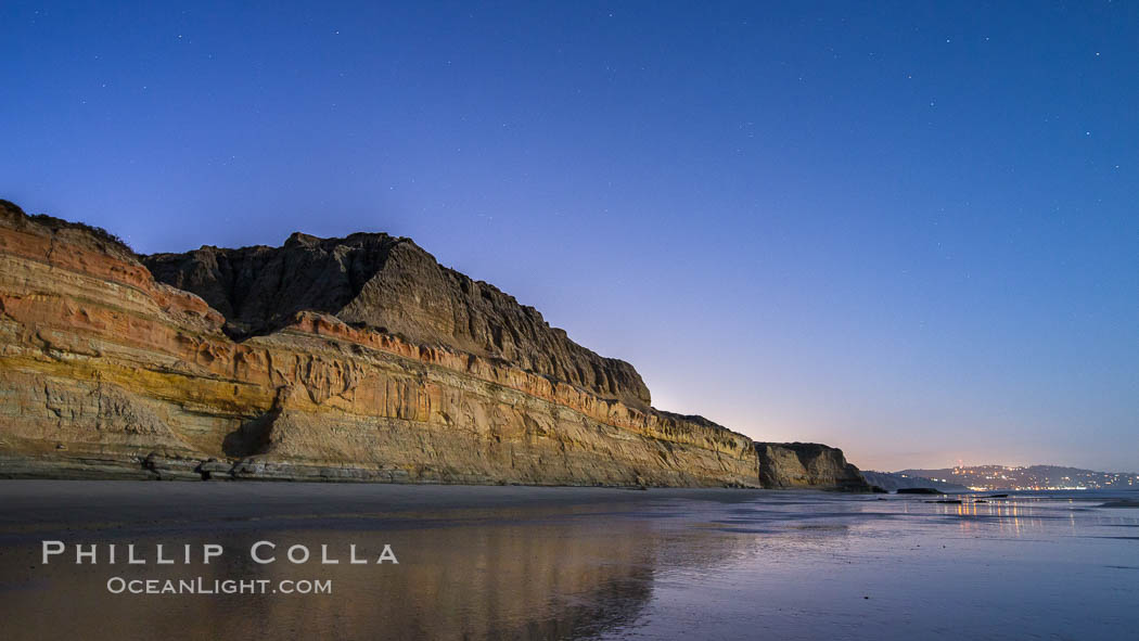Torrey Pines Cliffs lit at night by a full moon, low tide reflections. Torrey Pines State Reserve, San Diego, California, USA, natural history stock photograph, photo id 28459