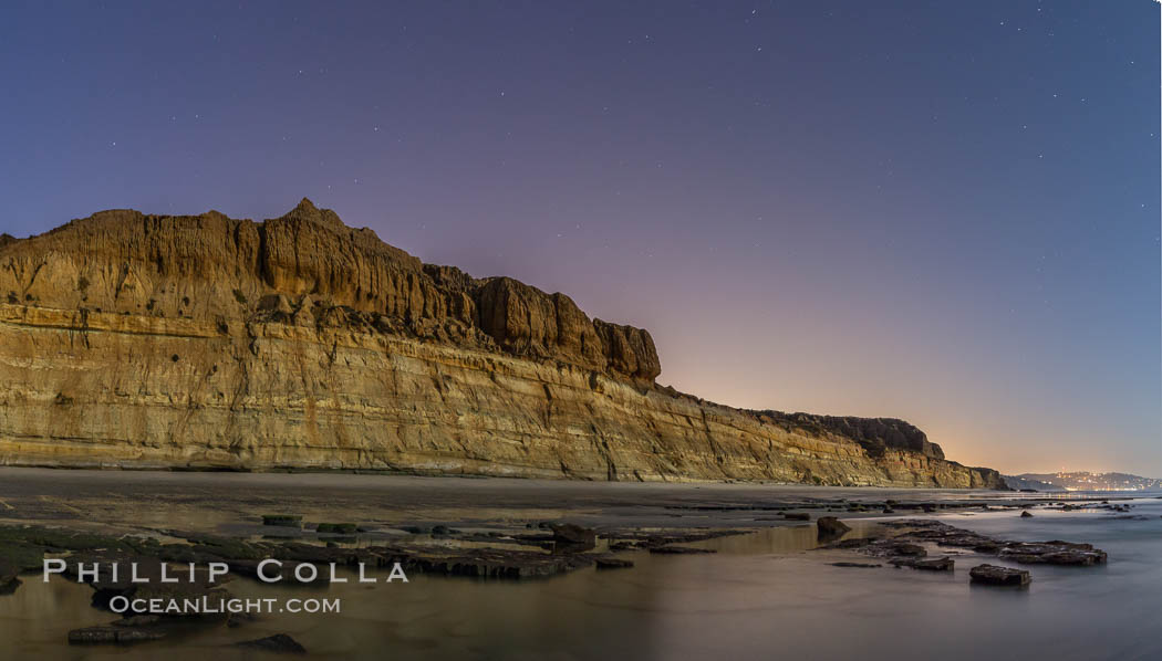 Torrey Pines Cliffs lit at night by a full moon, low tide reflections. Torrey Pines State Reserve, San Diego, California, USA, natural history stock photograph, photo id 28457