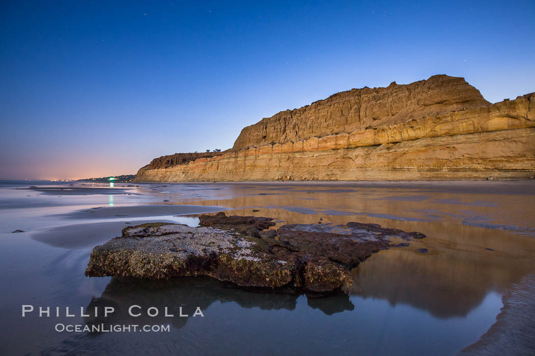 Torrey Pines Cliffs lit at night by a full moon, low tide reflections. Torrey Pines State Reserve, San Diego, California, USA, natural history stock photograph, photo id 28461