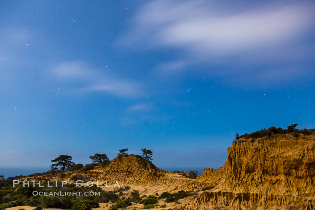 Torrey Pines State Reserve at Night, stars and clouds fill the night sky with the lights of La Jolla visible in the distance. San Diego, California, USA, natural history stock photograph, photo id 28400