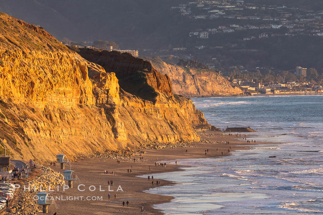 Torrey Pines State Beach at Sunset, La Jolla, Mount Soledad and Blacks Beach in the distance. Torrey Pines State Reserve, San Diego, California, USA, natural history stock photograph, photo id 35126