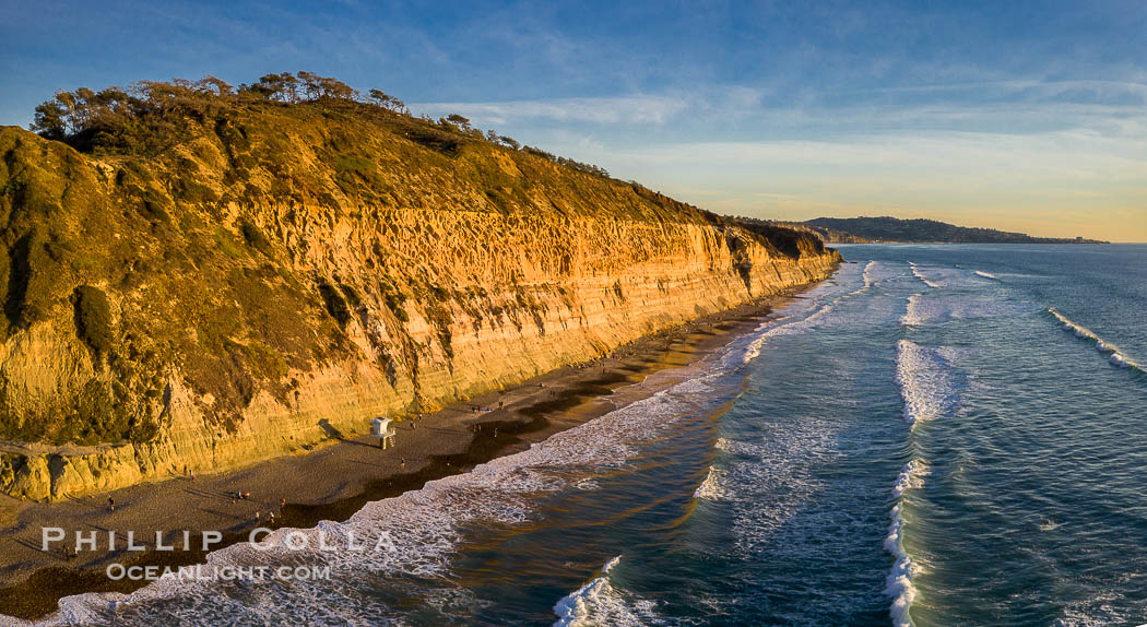 Torrey Pines State Beach at Sunset, La Jolla, Mount Soledad and Blacks Beach in the distance. Torrey Pines State Reserve, San Diego, California, USA, natural history stock photograph, photo id 38220